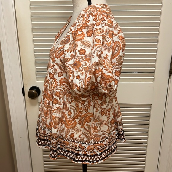 By Anthropologie Puff-Sleeve Babydoll Blouse in Orange Motif, Size Medium, NWOT - Picture 12 of 17